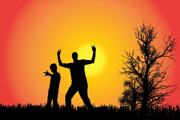 Silhouette Vettoriale Una Famiglia Campagna Tramonto — Vettoriale Stock