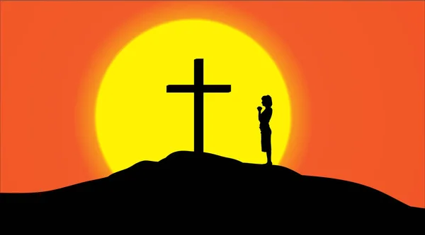 Silhouette Vectorielle Une Croix Sur Une Colline Coucher Soleil — Image vectorielle