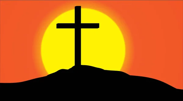 Vektorsilhouette Eines Kreuzes Auf Einem Hügel Bei Sonnenuntergang — Stockvektor