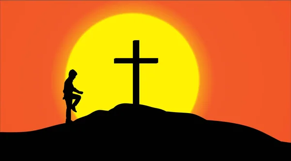 Vektorsilhouette Eines Kreuzes Auf Einem Hügel Bei Sonnenuntergang — Stockvektor