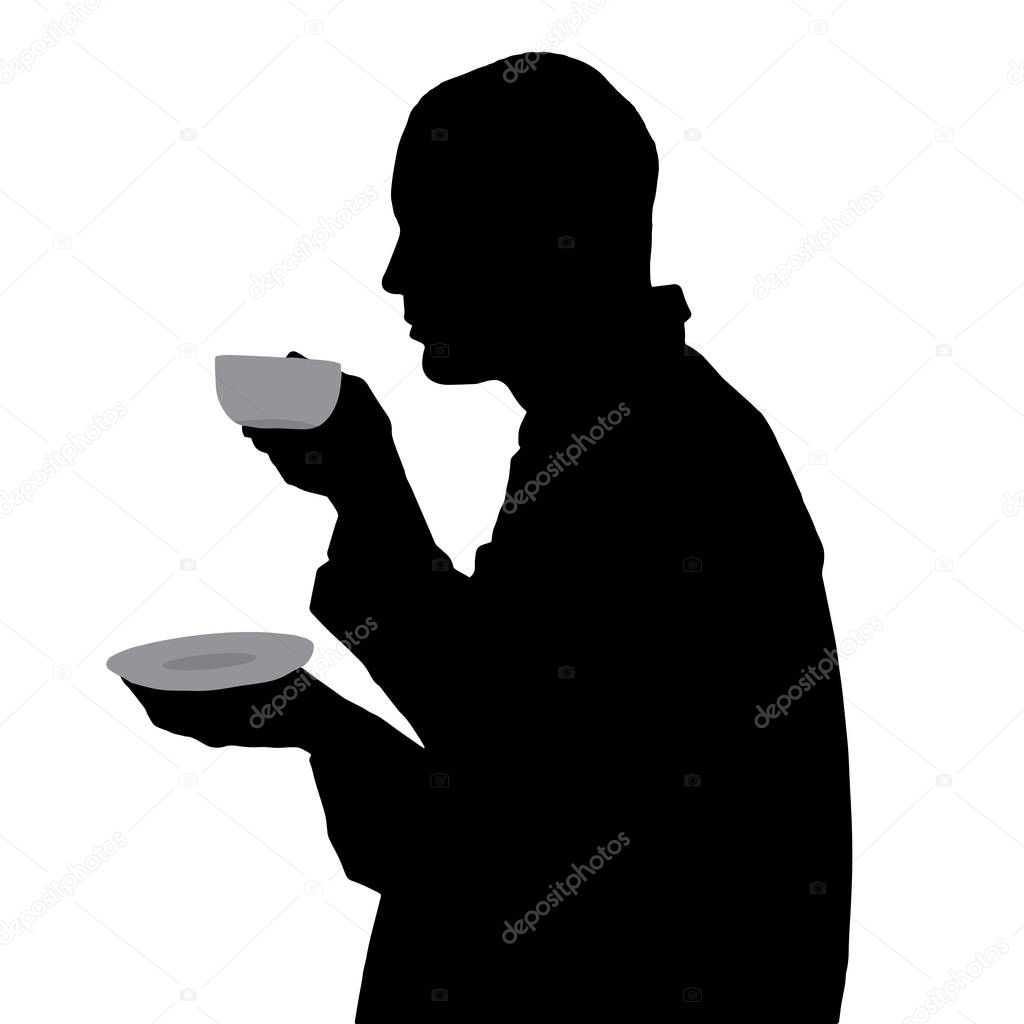 Vector silhouette of man with cup of coffee on white background.
