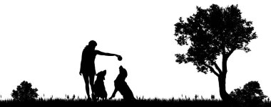 Şehir dışında bir köpek bir kadınla vektör çizim.