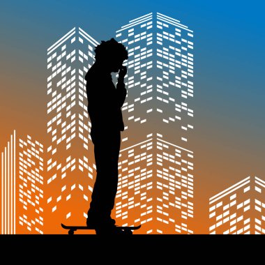 Vektör siluet kaykaycı renk gökdelen arka plan üzerinde