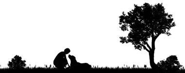 Şehir dışında bir köpek bir kadınla vektör çizim.