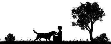 Şehir dışında bir köpek bir kadınla vektör çizim.