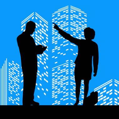 Vektör siluet adam renk gökdelen arka plan üzerinde