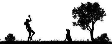 Şehir dışında bir köpek bir kadınla vektör çizim.