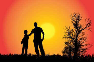 Gün batımında kırsal bir ailede silüeti vektör.