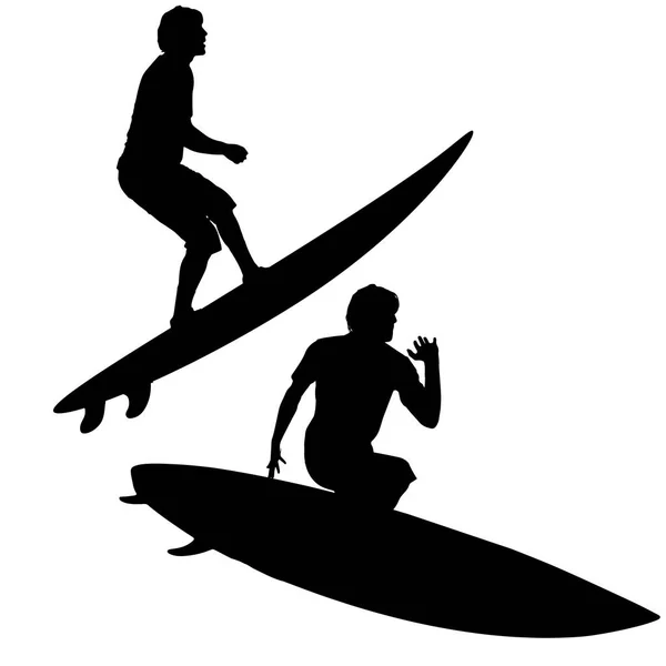 Black Vector Silhouette Surfer White Background — Stock Vector