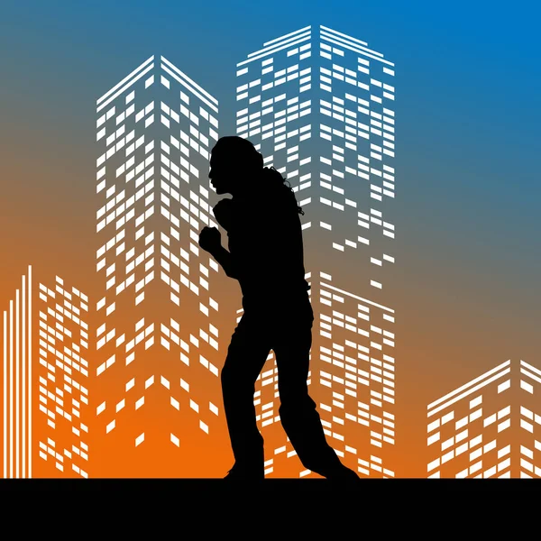 Vektor Silhouette Mann Auf Farbe Wolkenkratzer Hintergrund — Stockvektor