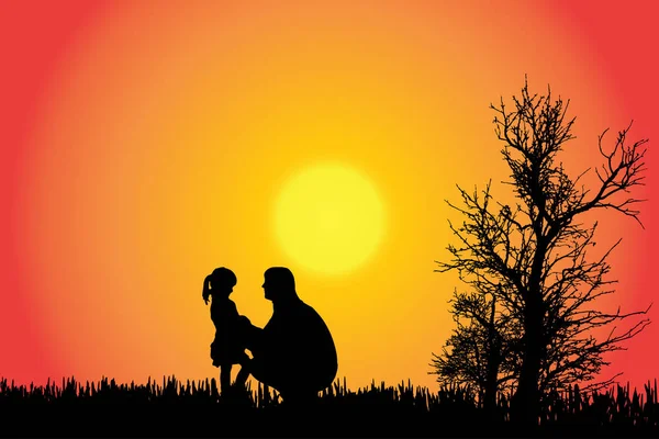 Vector Silhouette Family Countryside Sunset — Stock Vector