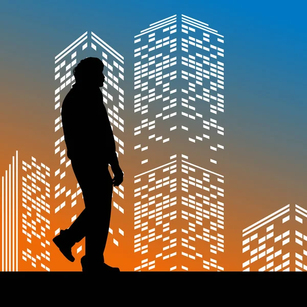 Vektor Silhouette Mann Auf Farbe Wolkenkratzer Hintergrund — Stockvektor