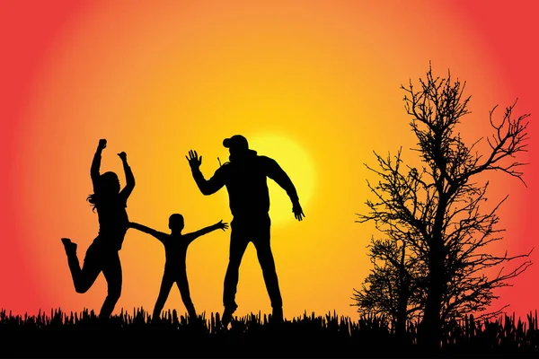 Silueta Vectorial Una Familia Campo Atardecer — Vector de stock