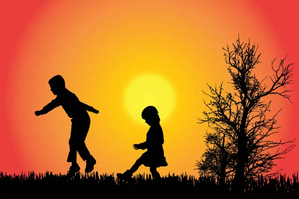 Silhouette Vectorielle Une Famille Campagne Coucher Soleil — Image vectorielle