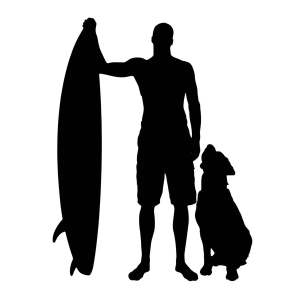 Silueta Vectorial Del Hombre Con Tabla Surf Perro Sobre Fondo — Vector de stock