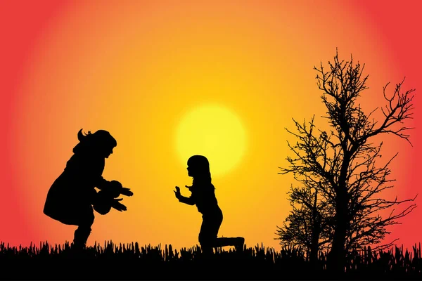 Silhouette Vettoriale Una Famiglia Campagna Tramonto — Vettoriale Stock