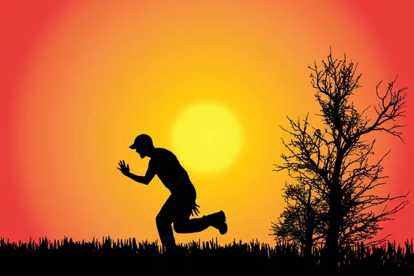 Vector Silhouette Man Countryside Sunset — Stock Vector