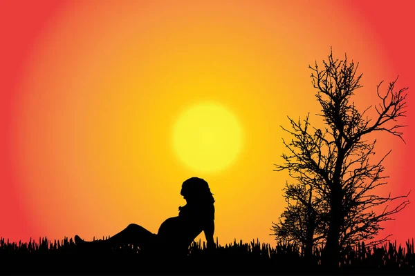 Silhouette Vectorielle Une Femme Campagne Coucher Soleil — Image vectorielle