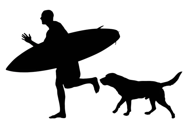 Vektorsilhouette Des Menschen Mit Surfbrett Und Seinem Hund Auf Weißem — Stockvektor