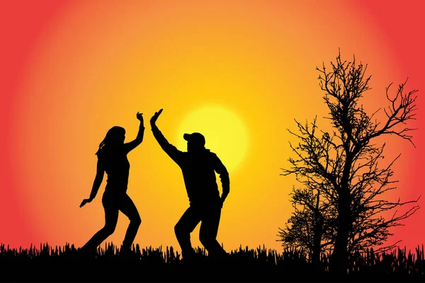 Silhouette Vectorielle Couple Campagne Coucher Soleil — Image vectorielle