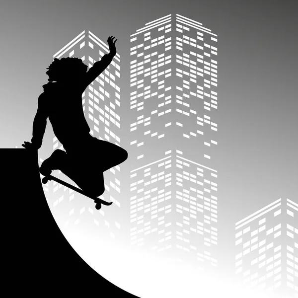 Skateboarder Silhouette Vectorielle Sur Fond Gratte Ciel Gris — Image vectorielle