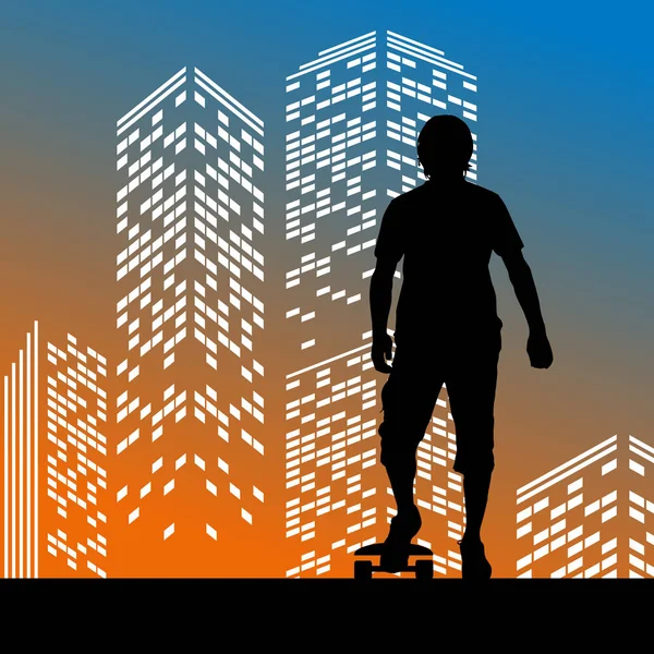 Vektor Silhouette Skateboarder Auf Farbe Wolkenkratzer Hintergrund — Stockvektor