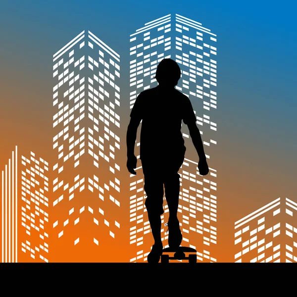 Vector Silueta Skateboarder Sobre Fondo Rascacielos Color — Archivo Imágenes Vectoriales