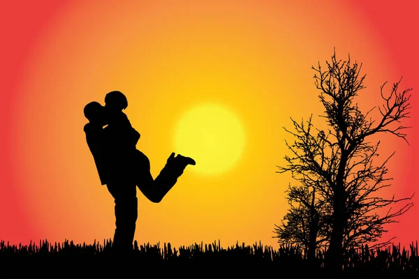 Vector Silhouette Couple Countryside Sunset — Stock Vector
