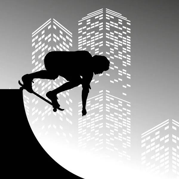 Vector Silhouette Skateboarder Grey Skyscraper Background — Stock Vector