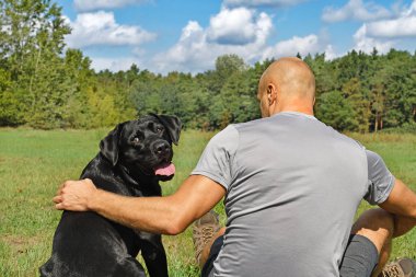 Güneşli bir gün parkta çocukla siyah köpek.