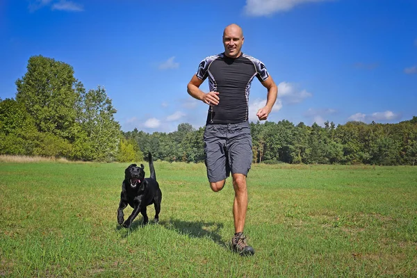 Uomo Che Corre Con Cane Nel Parco Nella Giornata Sole — Foto Stock
