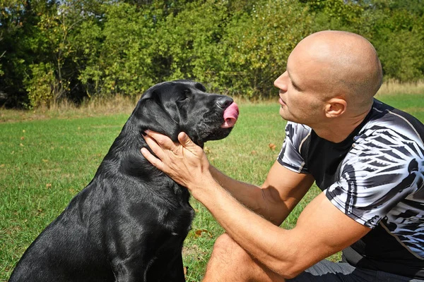 Mann Mit Schwarzem Hund Bei Sonnigem Tag Park — Stockfoto