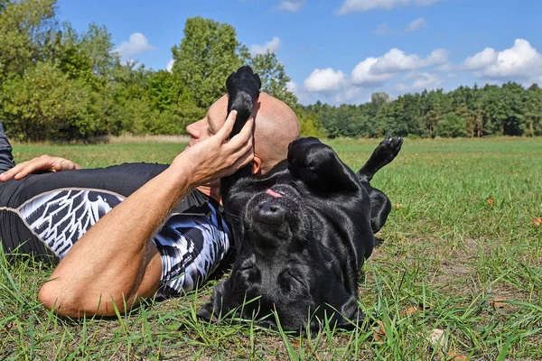 Mann Mit Schwarzem Hund Bei Sonnigem Tag Park — Stockfoto