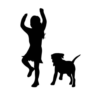 Beyaz arka plan üzerinde köpek ile küçük kız siluet vektör.