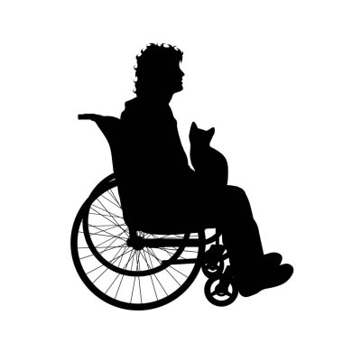 Adam tekerlekli sandalye üzerinde ve kedi beyaz arka plan üzerinde vektör silüeti.