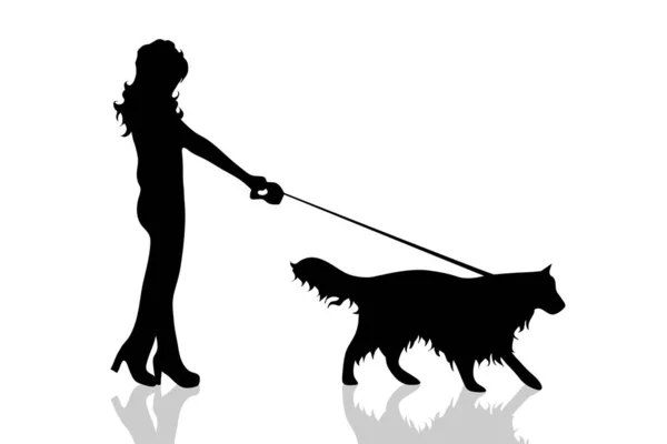 Vektorsilhouette Einer Frau Mit Hund Auf Weißem Hintergrund — Stockvektor