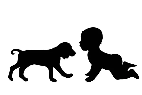 Silhouette Vettoriale Del Bambino Con Cane Sfondo Bianco — Vettoriale Stock