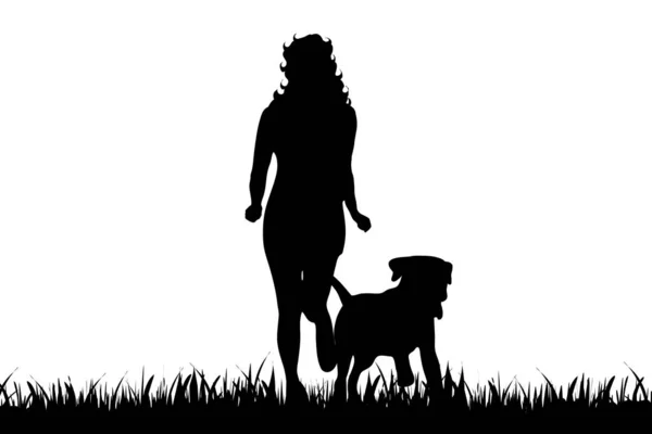 Vector Silhouet Van Vrouw Met Hond Witte Achtergrond — Stockvector