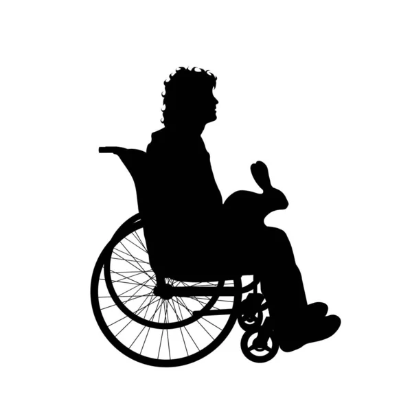 Vektorsilhouette Eines Mannes Rollstuhl Mit Kaninchen Auf Weißem Hintergrund — Stockvektor