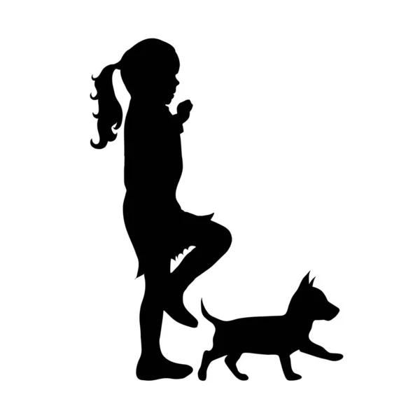 Silhouette Vectorielle Petite Fille Avec Chien Sur Fond Blanc — Image vectorielle