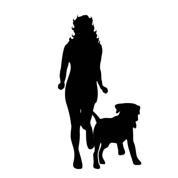 Silueta Vectorial Mujer Con Perro Sobre Fondo Blanco — Vector de stock