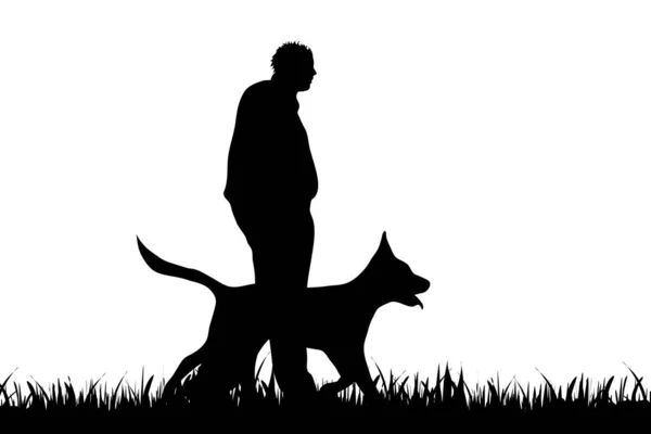 Vector Silhouette Man Dog White Background — Stock Vector