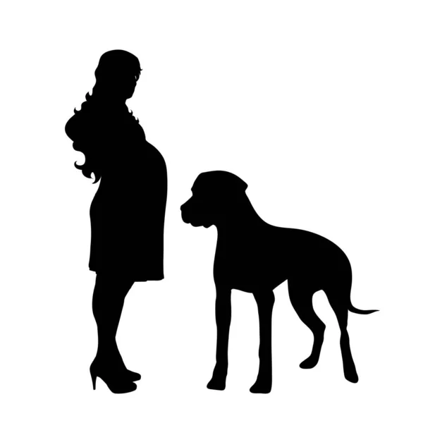 Vector Silhouet Van Zwangere Vrouw Met Hond — Stockvector