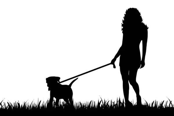 Vector Silhouet Van Vrouw Met Hond Witte Achtergrond — Stockvector