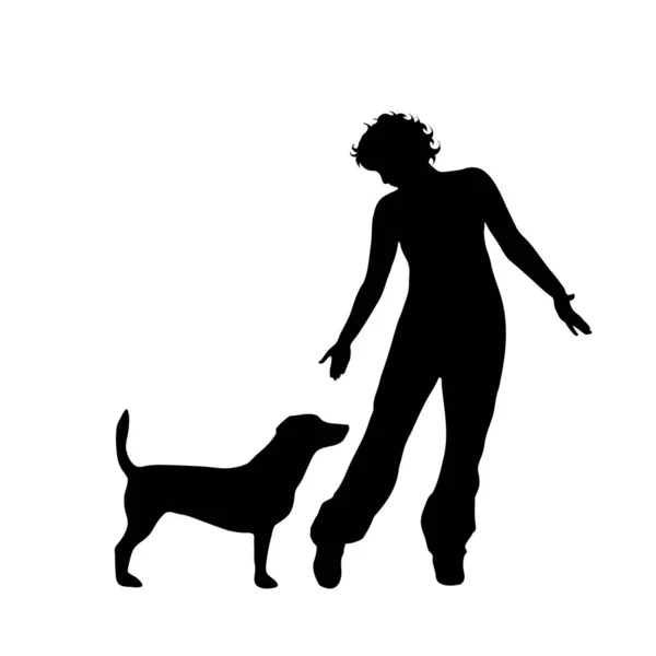 Vector Silhouette Woman Dog White Background — Stock Vector