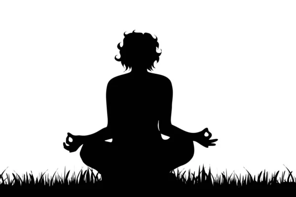 Vector Silhouette Girl Sitting Lotus Pose Meditating White Background — Stock Vector
