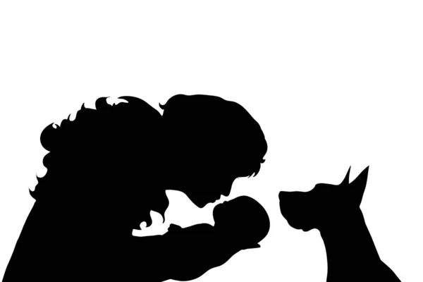 Vector Silhouet Van Familie Met Hond Witte Achtergrond — Stockvector