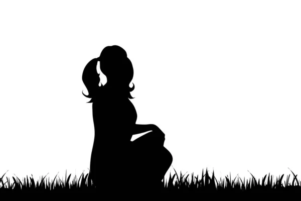 Vektor Silhouette Eines Kleinen Mädchens Auf Gras Auf Weißem Hintergrund — Stockvektor