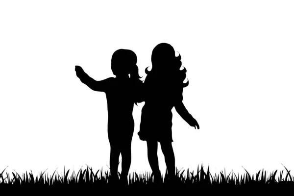 Silhouette Vettoriale Due Bambine Che Divertono Sull Erba Sfondo Bianco — Vettoriale Stock