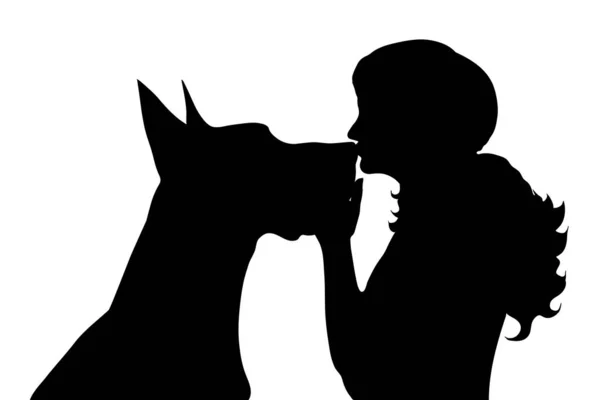 Silueta Vectorial Mujer Con Perro Sobre Fondo Blanco — Vector de stock